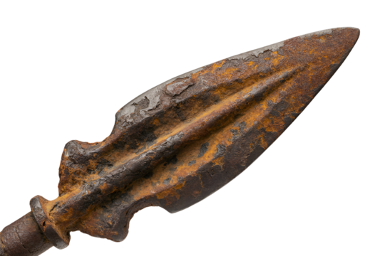 Ancient rusted iron spearhead isolated on transparent background