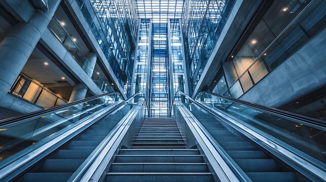 Modern Building Interior Escalators and Stairs Leading Up to Glass Ceiling Structure - Powered by Adobe