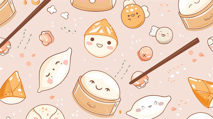 Seamless pattern of kawaii-style dim sum and dumplings with smiling faces on soft background