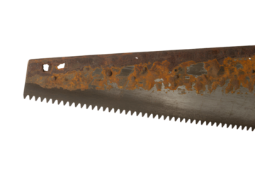 Close up of a rusty old hand saw blade isolated on transparent background