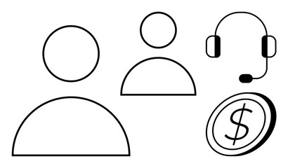 User avatars, headset representing customer service, and coin illustrating financial transactions. Ideal for communication, online business, service, finance, teamwork, commerce and support systems