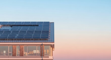 Solar Panels Installation on Rooftop for Energy Production at Sunset Glow