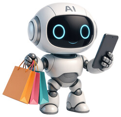 Fototapeta premium Cute AI Robot with Shopping Bags and Smartphone on White Background artificial intelligence technology isolated on a transparent background