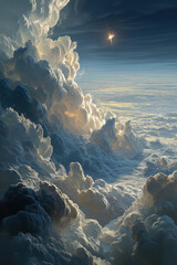 Colossal sculpted cumulonimbus clouds climbing toward a luminous star above a curved planetary horizon at sunrise