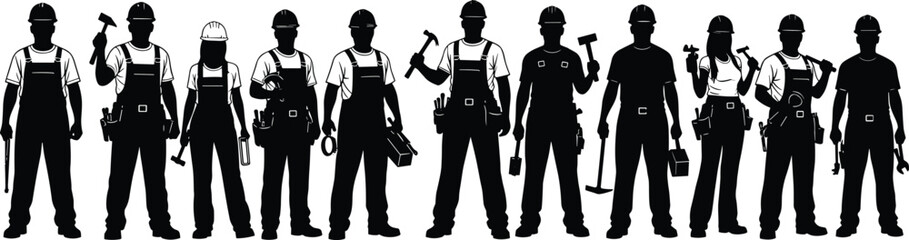 Construction worker silhouette set, a team of male and female builders in hard hats and overalls, holding tools like hammers and drills, isolated vector.