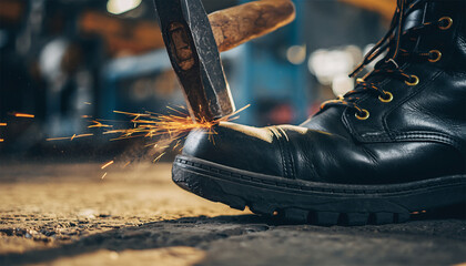 Sharp hammer striking safety boot toe with bright sparks demonstrating impact protection