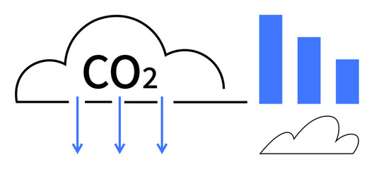CO2 inside cloud shape with blue downward arrows indicating reduction, next to bar chart and small cloud. Ideal for sustainability, environment, data, carbon reduction, climate change, eco-friendly
