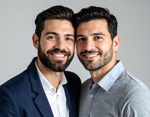 Portrait of a happy gay couple smiling together indoors.