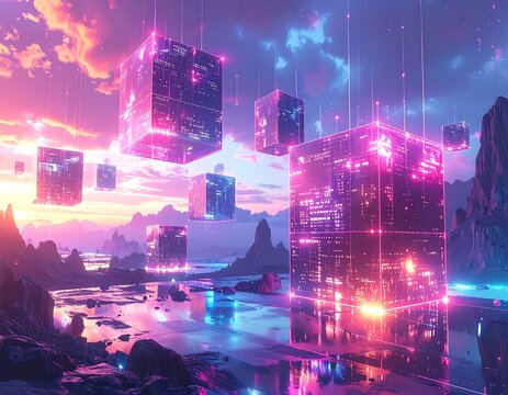 Surreal digital landscape with glowing cubes and vibrant sky
