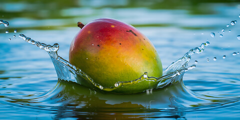 Juicy mango splashing into cool water creating refreshing summertime vibes, perfect for healthy recipes and tropical vacations, so vibrant and appealing