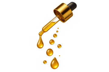 Golden cosmetic serum oil dropper dripping liquid drops, transparent background for beauty skincare concepts and health care