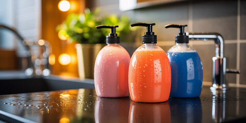 Vibrant hand soap trio by modern sink creates fresh, clean feeling for stylish home or business restroom, promoting hygiene and health effortlessly