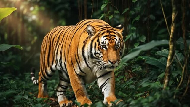 Tiger traversing lush jungle under sunbeams, Wildlife Bengal tiger prowling in its habitat