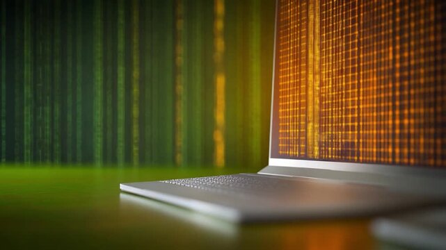 Digital Code and Technology: An open laptop illuminates with data, set against a backdrop of cascading code. Showcasing the intricacies of modern technology and coding.