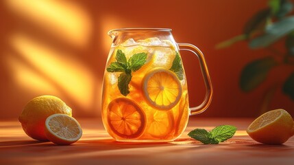 Refreshing iced tea with lemon and mint.  A clear glass pitcher filled with iced tea, garnished with lemon slices and fresh mint leaves.  Sunlight casts warm shadows