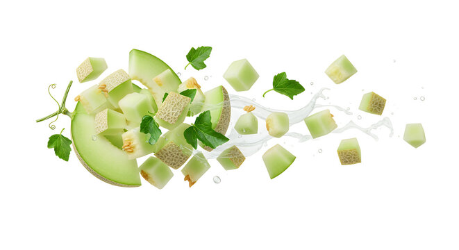 Freshly cut green melon cubes and elegant slices dynamically levitate with refreshing liquid splashes and vibrant mint leaves, creating an energetic and healthy fruit display