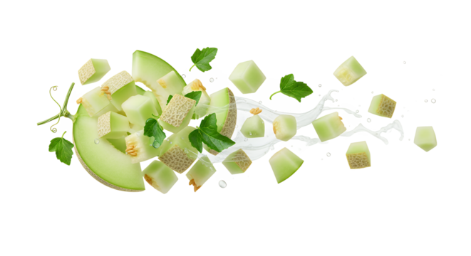 Freshly cut green melon cubes and elegant slices dynamically levitate with refreshing liquid splashes and vibrant mint leaves, creating an energetic and healthy fruit display