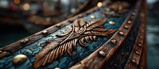 Close-up of ornate wooden carving with gold accents, feathers, and studs