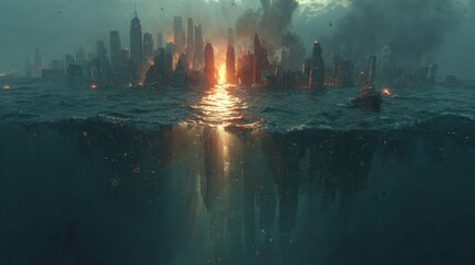 A flooded cityscape burns with flames as a boat sails through water