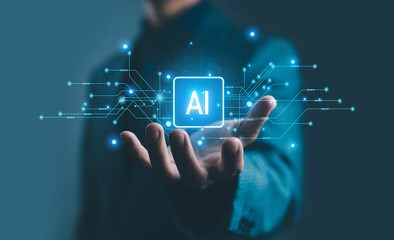 A modern digital concept illustrating artificial intelligence technology floating above a businessman’s hand, representing innovation, data processing, automation, and advanced AI solutions.