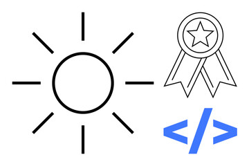 Sun radiating rays alongside a star-emblazoned award ribbon and coding brackets. Ideal for technology, creativity, achievement, innovation, programming, education, motivation. Simple flat metaphor