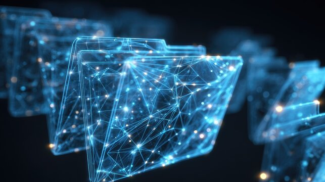 Digital Network Storage Concept with Abstract Glowing Files in Futuristic Technology Environment
