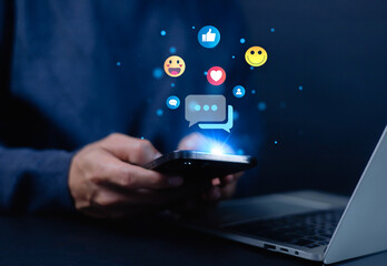 Social media communication concept with smartphone and chat icons, representing online interaction, messaging, connection, and digital marketing engagement across platforms.