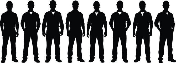 Construction worker silhouette set, row of industrial men in hard hats, team of builders, standing male laborers, isolated on white, front view vector.