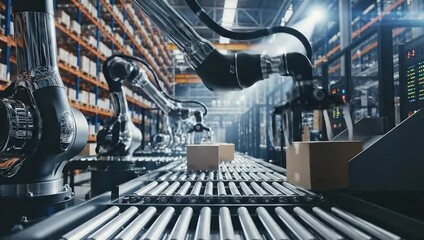 Automated warehouse with robotic arms handling packages on conveyor belts. - Powered by Adobe