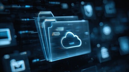 Futuristic Data Storage Concept with Cloud Storage and Digital File Folders in a High-Tech Environment
