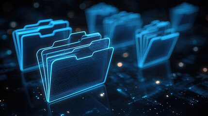 Glowing Digital Folder Icons in Futuristic Data Environment with Abstract Technology Background