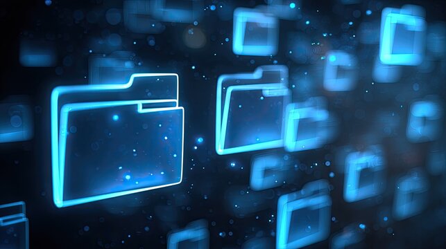 Digital File Folder Icons on a Futuristic Background with Glowing Effects and Depth of Field - Powered by Adobe