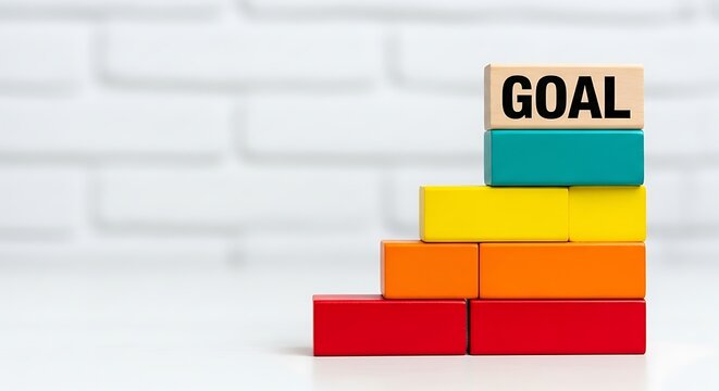Colorful wooden blocks stacked to form a staircase leading to the goal