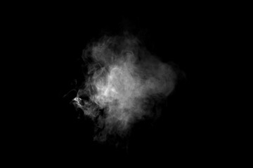 White smoke isolated on black background, abstract vapor cloud texture for design, fog or steam effect for overlay, cinematic atmosphere, realistic mist motion in dark space.