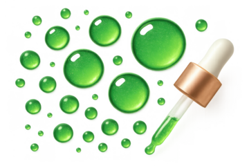 Green liquid drops falling from a pipette, skincare serum for natural beauty and cosmetic ingredient concepts