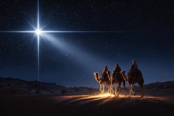 Three wise men riding camels through the desert at night, following the Star of Bethlehem during their spiritual journey
