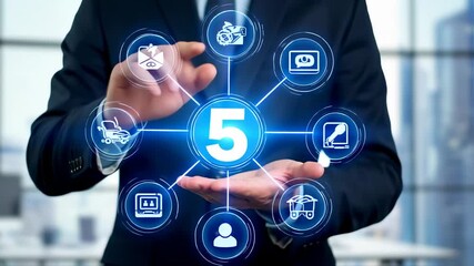 A person in a suit presents a glowing "5" surrounded by glowing icons, representing various elements - Powered by Adobe
