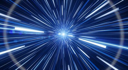 Abstract blue hyperspace background with light speed trails and circular patterns
