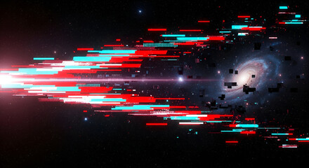 Abstract cosmic data stream with galaxy background and colorful glitch effect