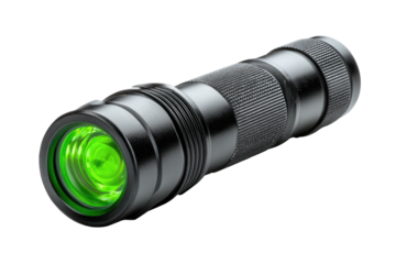 Sleek, black flashlight emitting green light