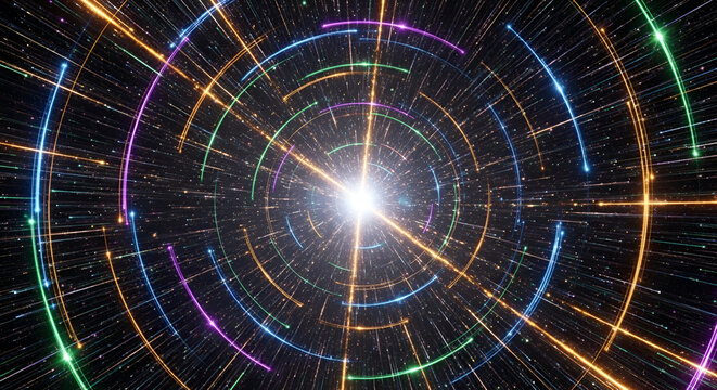 Abstract cosmic background with colorful glowing lines forming tunnel effect