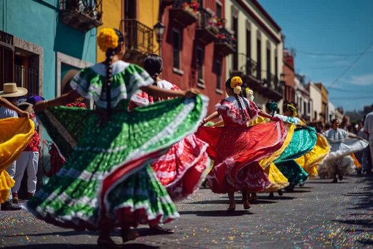 Mexican women dancing in traditional dress outdoors in warm light