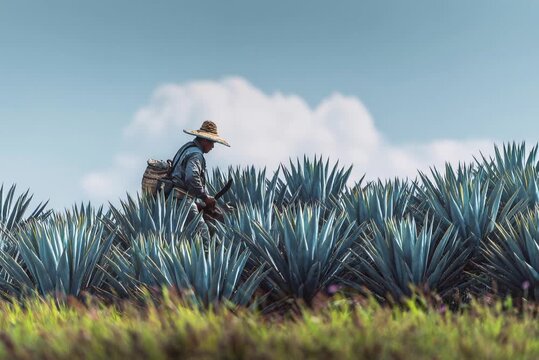 Agave farmer harvesting blue agave with coa under blue sky