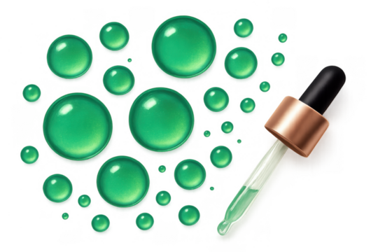 Green liquid drops and medical or cosmetic dropper, beauty, skincare, health, science, laboratory, vector illustration