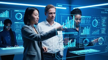 Diverse professionals analyze digital data on futuristic holographic interfaces in a modern office. - Powered by Adobe