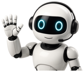 Friendly White Robot Wearing Headphones and Microphone Waving Hand artificial intelligence isolated on a transparent background