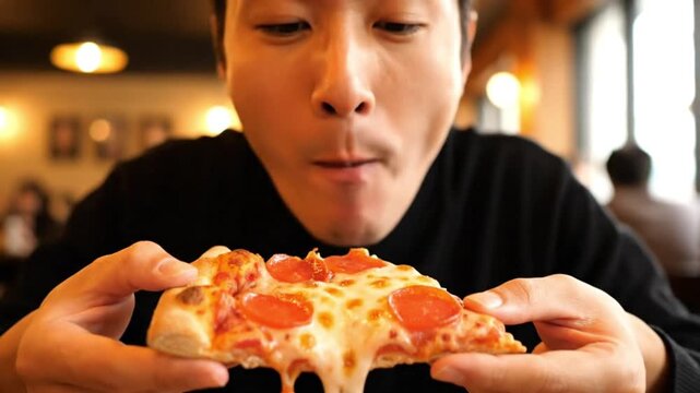 Close-up of a man smelling a slice of pepperoni pizza in a restaurant