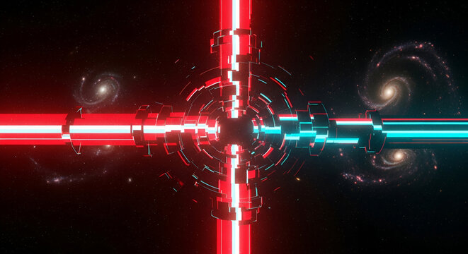 Abstract space station design with glowing neon lights and galactic background