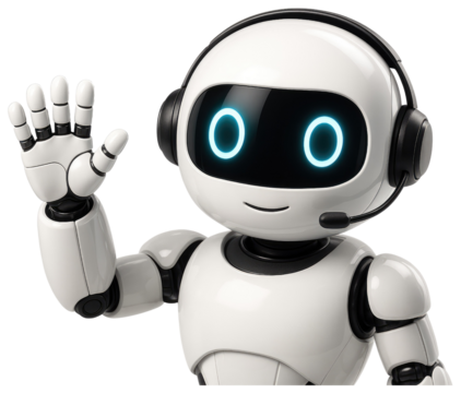 Friendly White Robot Wearing Headphones and Microphone Waving Hand artificial intelligence isolated on a transparent background