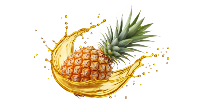 Fresh pineapple splashing into golden liquid, creating a vibrant and refreshing tropical beverage advertisement